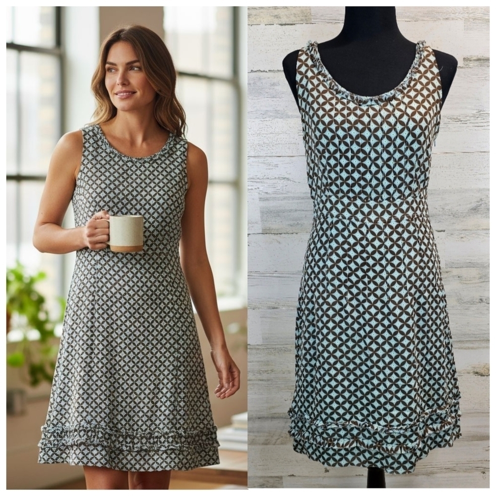 Tory Burch Silk Geometric Print Dress Size 6 Blue Brown A-Line Mod Retro Luxury